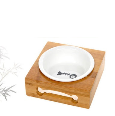 Double bamboo ceramic pet dog bowl stainless steel table