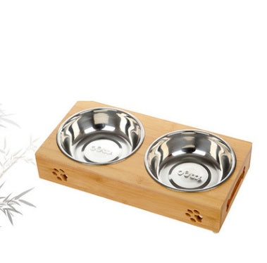 Double bamboo ceramic pet dog bowl stainless steel table