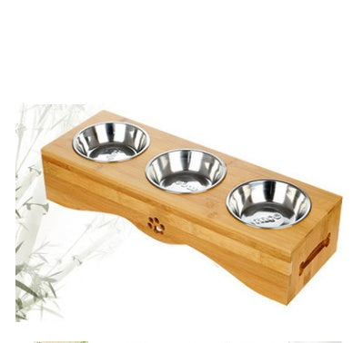 Double bamboo ceramic pet dog bowl stainless steel table