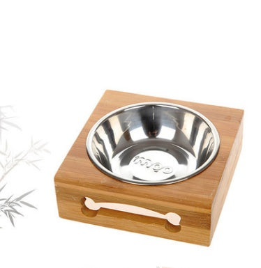 Double bamboo ceramic pet dog bowl stainless steel table