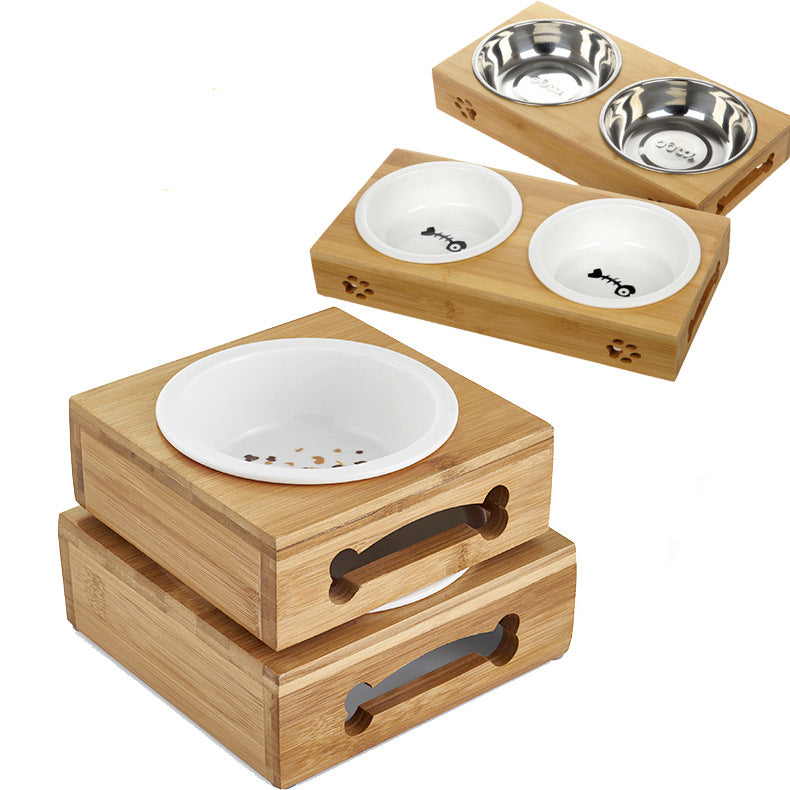 Double bamboo ceramic pet dog bowl stainless steel table
