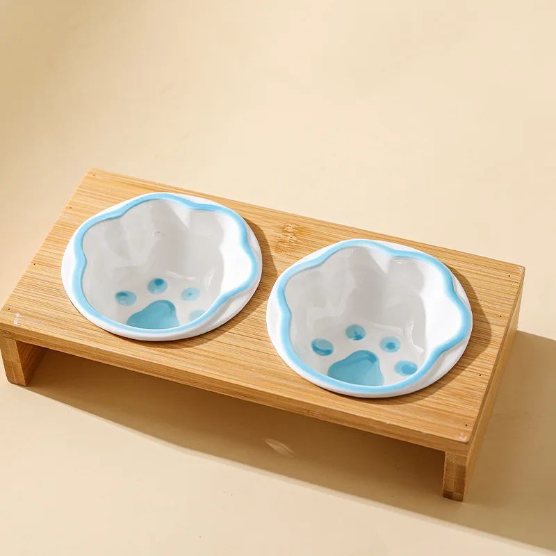Pet Supplies Bamboo Frame Hand Colored Ceramic Protection Bowls