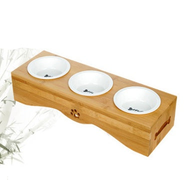 Double bamboo ceramic pet dog bowl stainless steel table