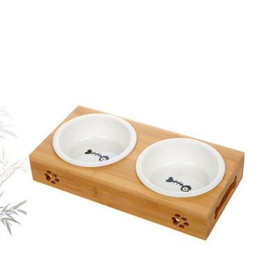 Double bamboo ceramic pet dog bowl stainless steel table