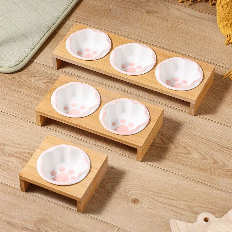 Pet Supplies Bamboo Frame Hand Colored Ceramic Protection Bowls